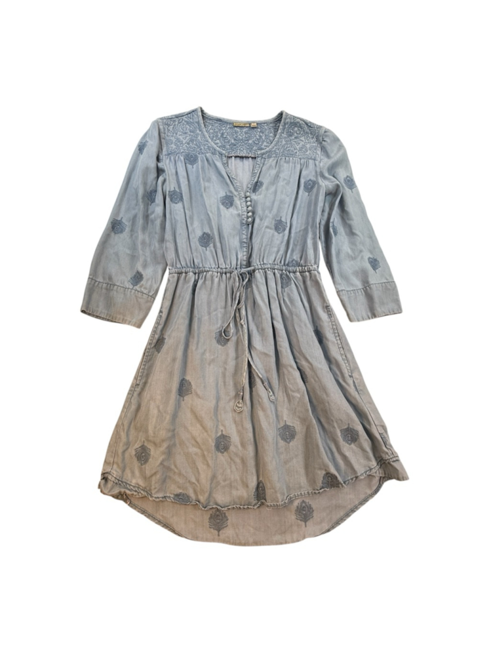 Holding Horses Anthropologie Chambray Peacock Embroidered Tie Waist Dress Size M